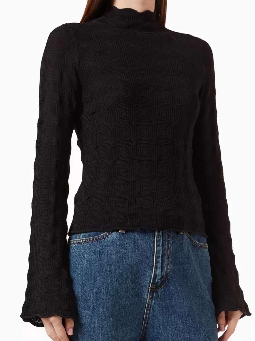 Simon Miller Peep Pullover Sweater Flare Long Sleeve Textured Stretch Black M